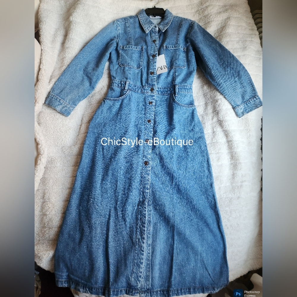 Zara Z1975 Women's Long Denim Dress 100% Cotton Mid-blue Nwt !! - Picture 2 of 15